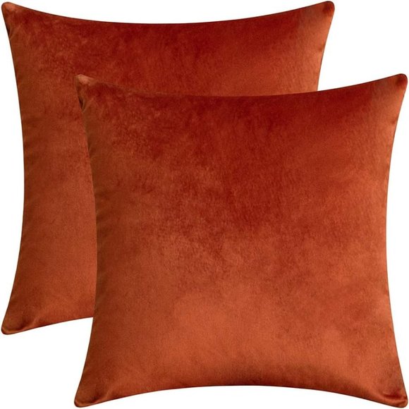 Set of 2 Rust Burnt Orange Soft Velvet New Pillow Covers 18 Inch Square Zipper - Picture 2 of 5
